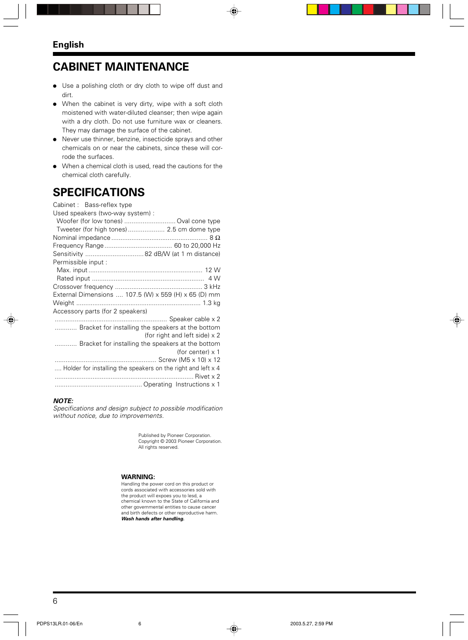 Specifications, Cabinet maintenance, English | Pioneer PDP-S13-LR User Manual | Page 6 / 40