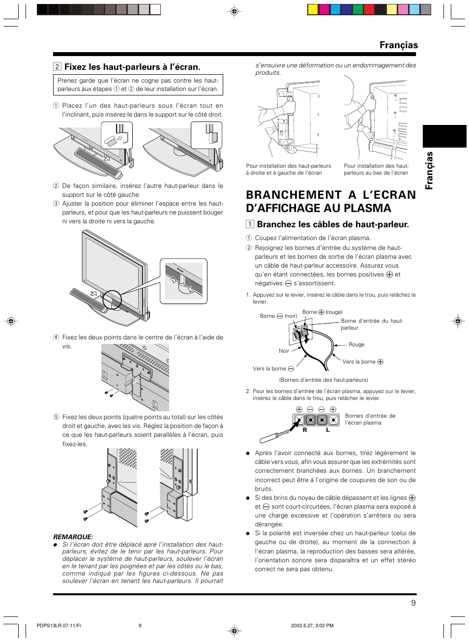 Branchement a l’ecran d’affichage au plasma, Françias fran ç ias, 2 fixez les haut-parleurs à l’écran | 1 branchez les câbles de haut-parleur | Pioneer PDP-S13-LR User Manual | Page 9 / 40