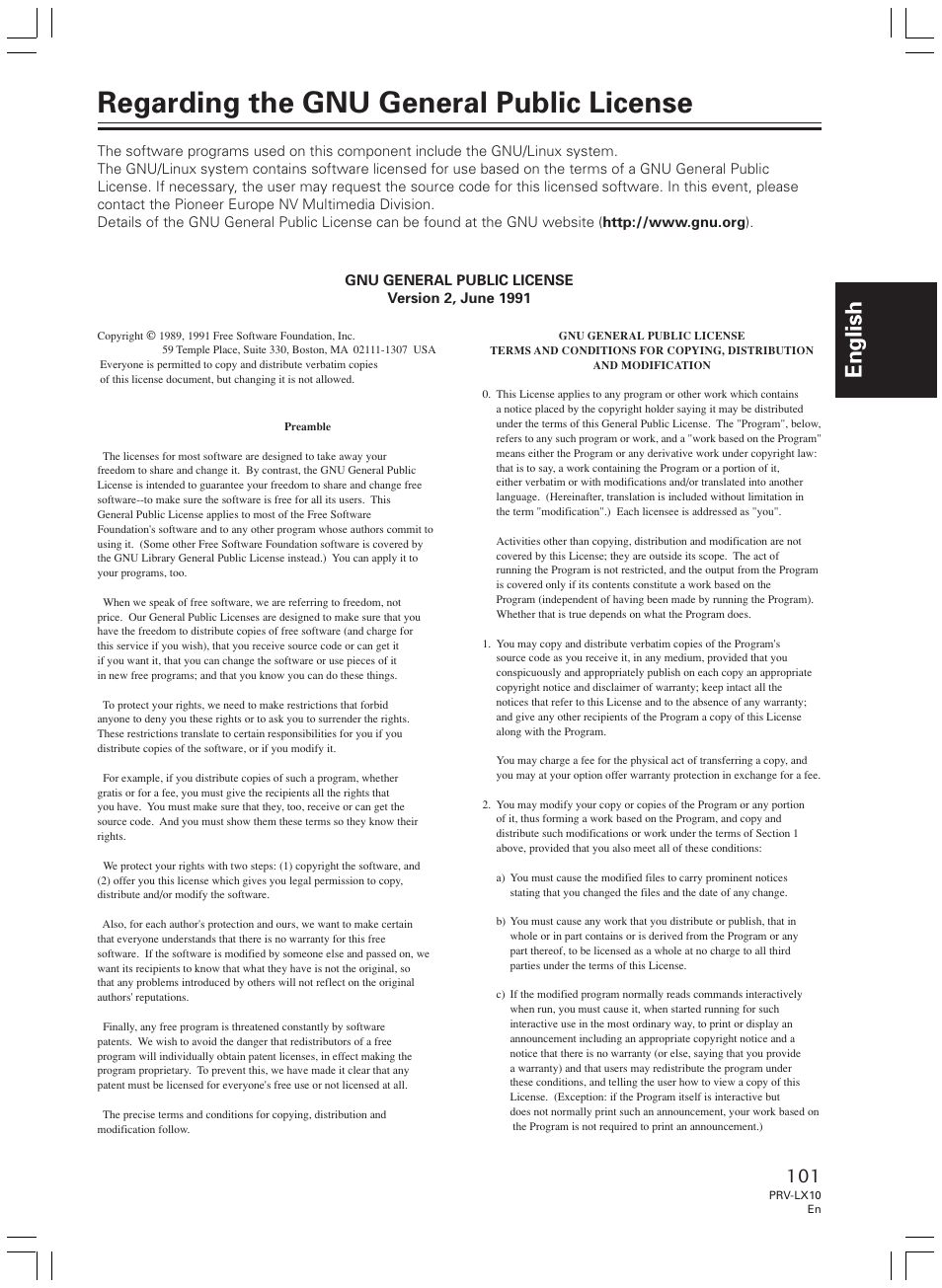 Regarding the gnu general public license, English | Pioneer PRV-LX10 User Manual | Page 101 / 104