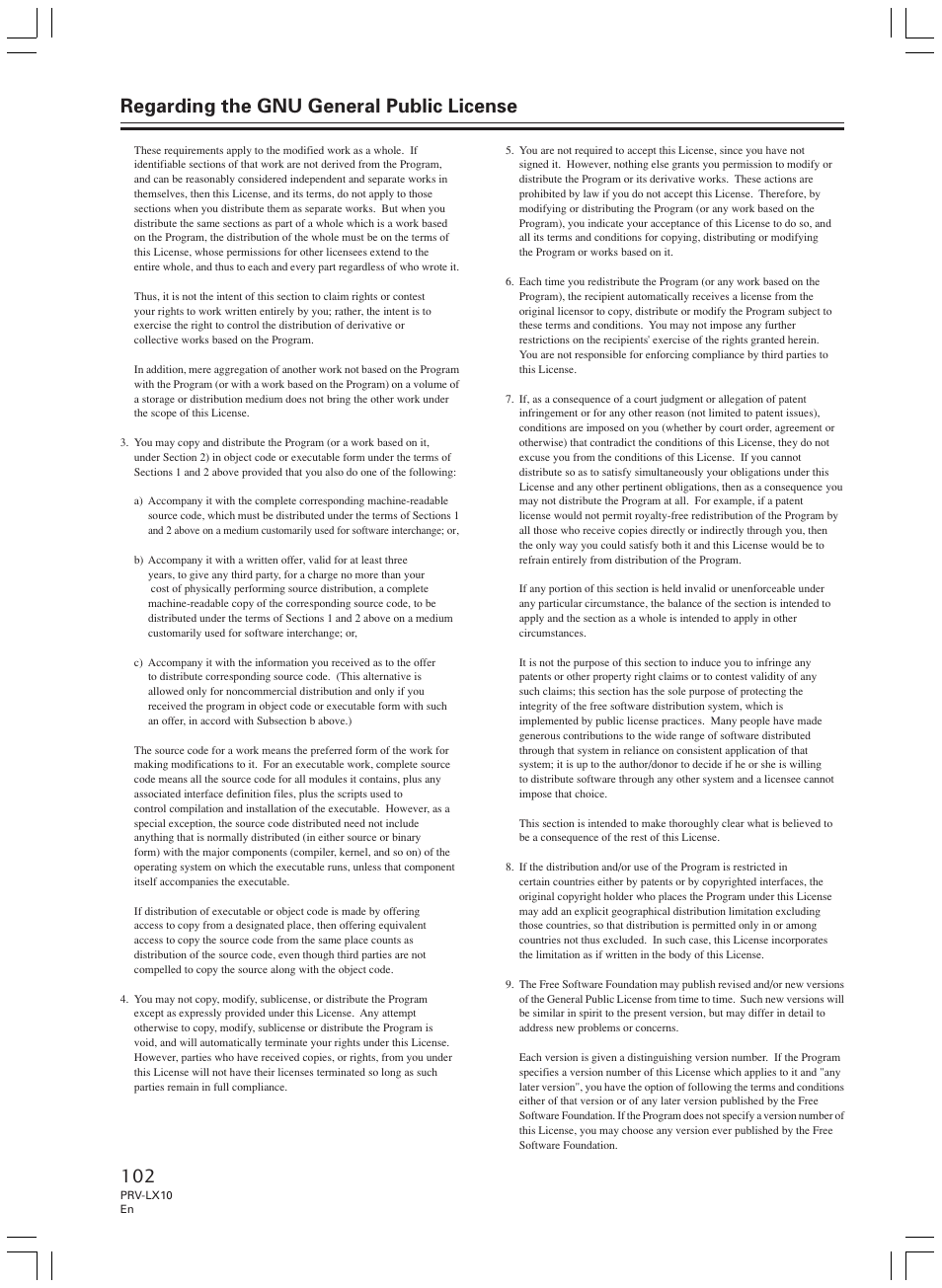 Regarding the gnu general public license | Pioneer PRV-LX10 User Manual | Page 102 / 104