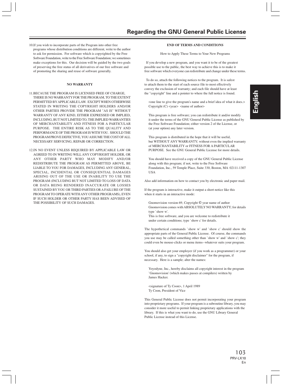 English, Regarding the gnu general public license | Pioneer PRV-LX10 User Manual | Page 103 / 104