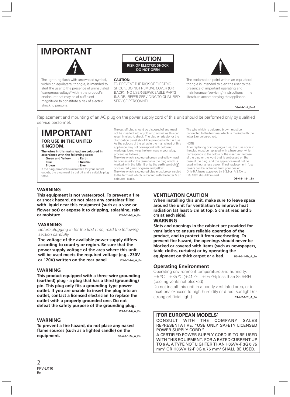 Important, Caution, Warning | Ventilation caution, Operating environment | Pioneer PRV-LX10 User Manual | Page 2 / 104