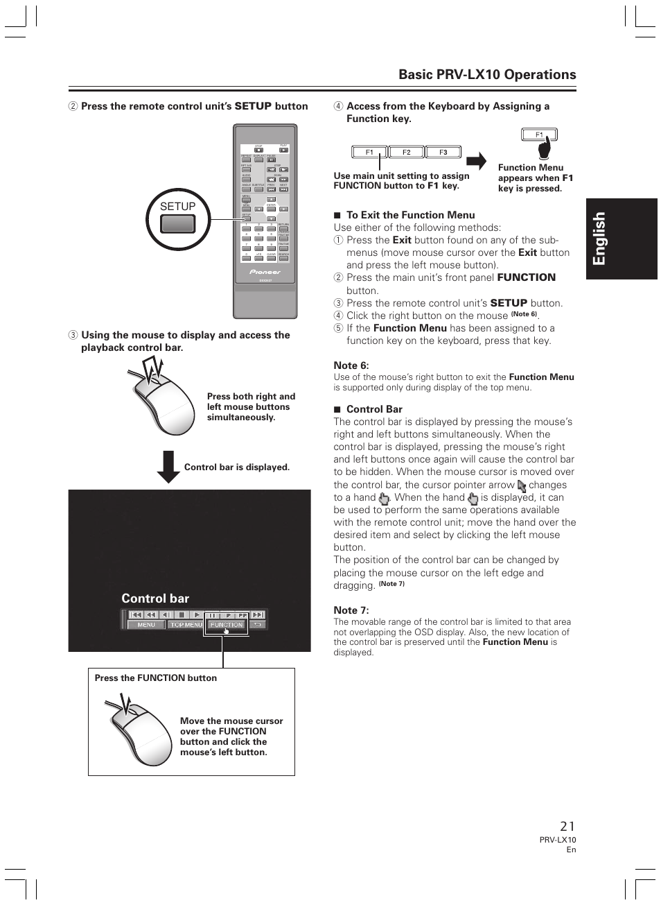English, Basic prv-lx10 operations, Control bar | Setup | Pioneer PRV-LX10 User Manual | Page 21 / 104