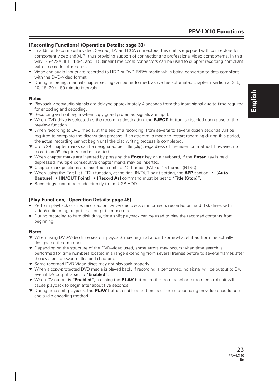 English, Prv-lx10 functions | Pioneer PRV-LX10 User Manual | Page 23 / 104