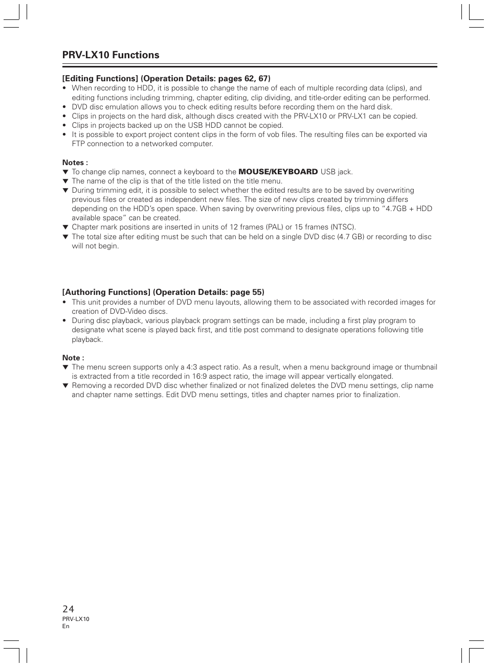 Prv-lx10 functions | Pioneer PRV-LX10 User Manual | Page 24 / 104