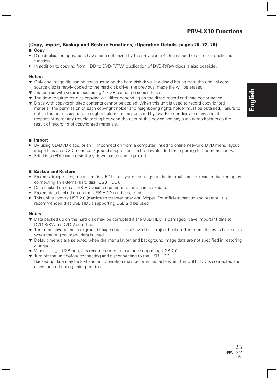 English, Prv-lx10 functions | Pioneer PRV-LX10 User Manual | Page 25 / 104