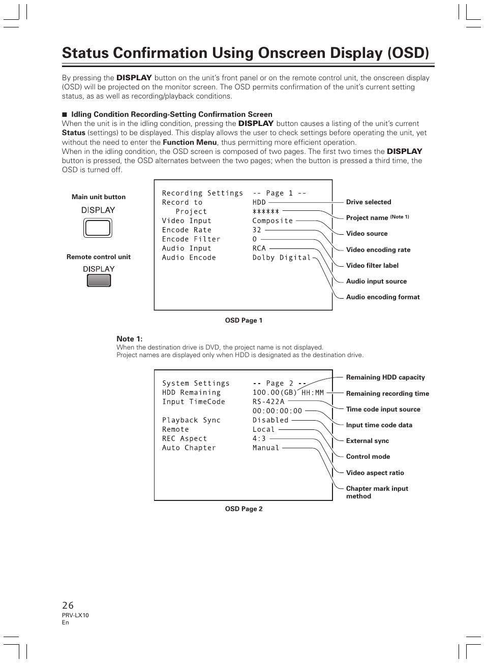 Status confirmation using onscreen display (osd) | Pioneer PRV-LX10 User Manual | Page 26 / 104