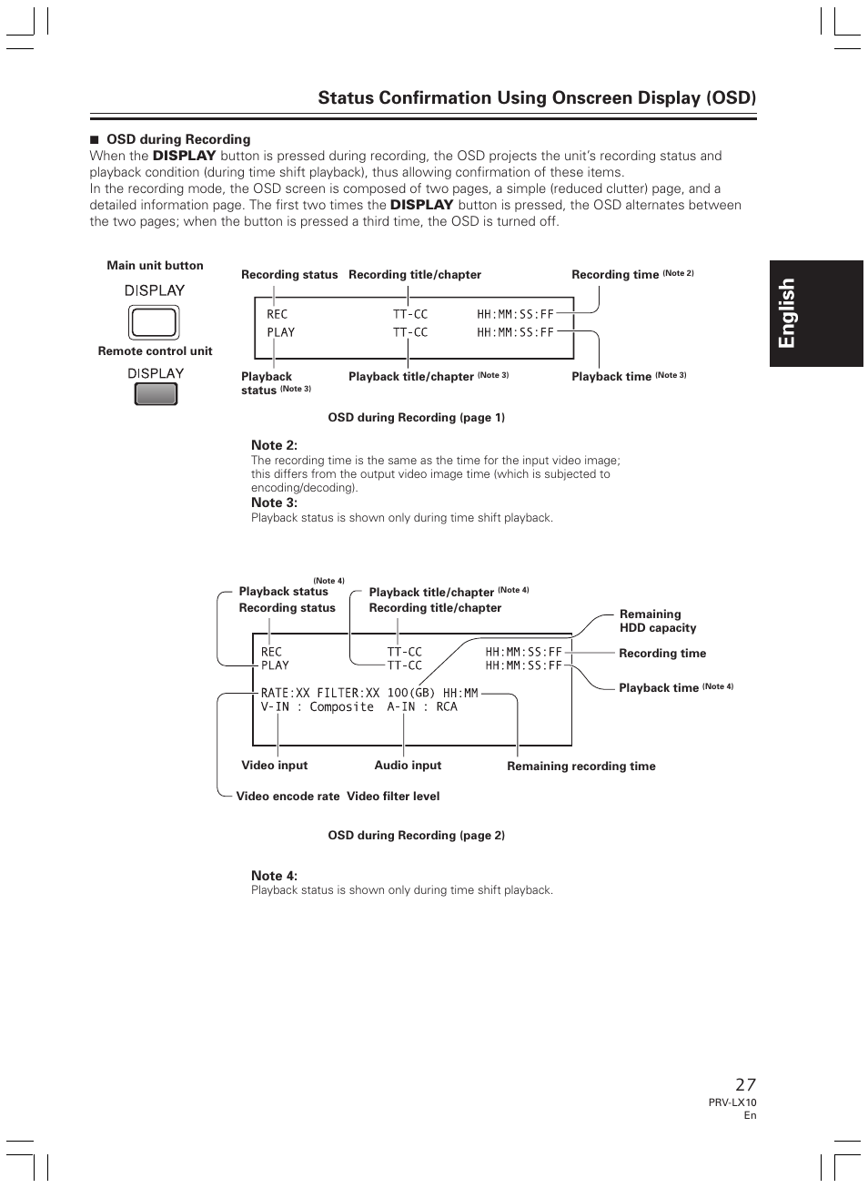 English, Status confirmation using onscreen display (osd) | Pioneer PRV-LX10 User Manual | Page 27 / 104