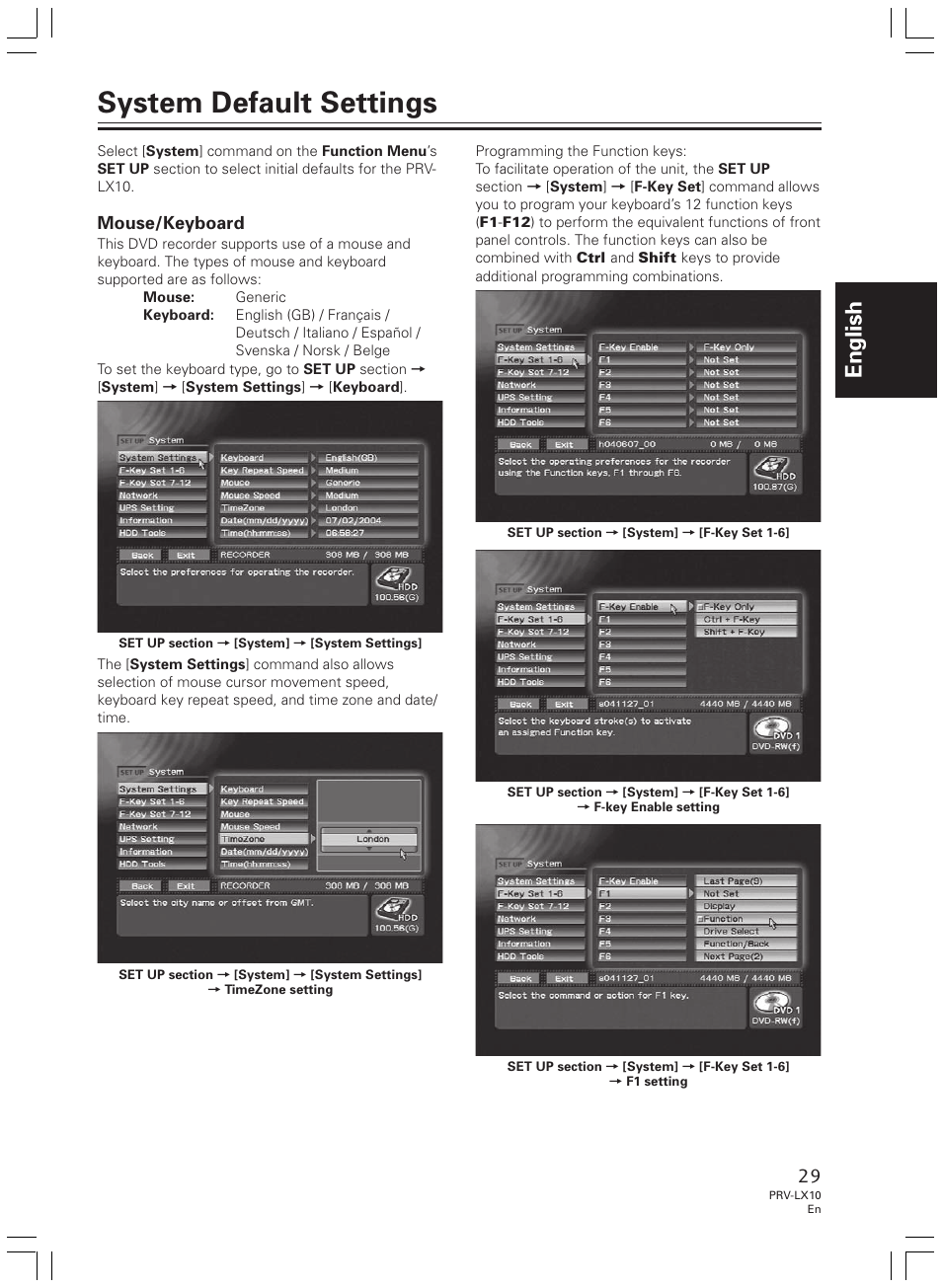 System default settings, English, Mouse/keyboard | Pioneer PRV-LX10 User Manual | Page 29 / 104