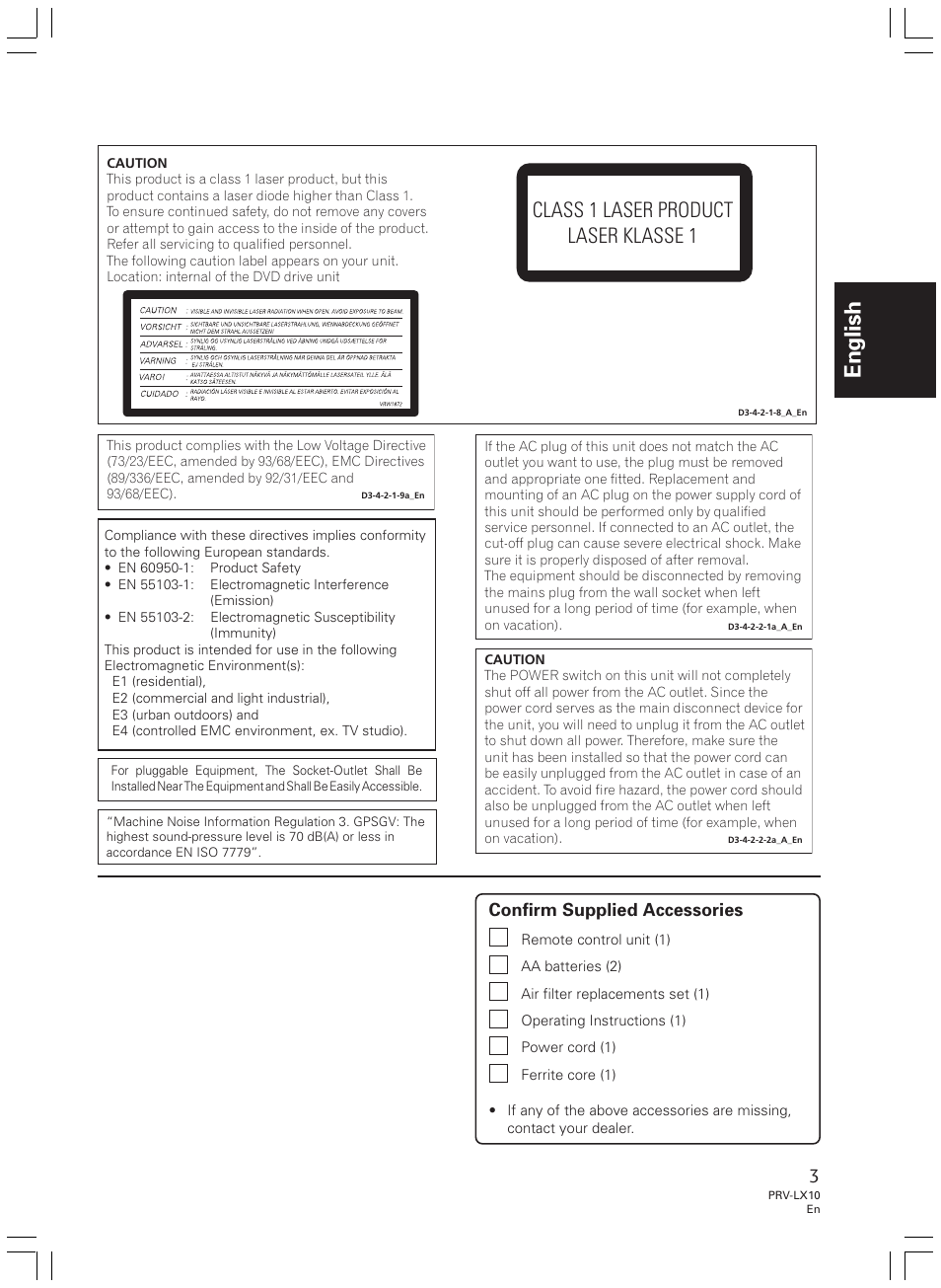 English, Class 1 laser product laser klasse 1, Confirm supplied accessories | Pioneer PRV-LX10 User Manual | Page 3 / 104
