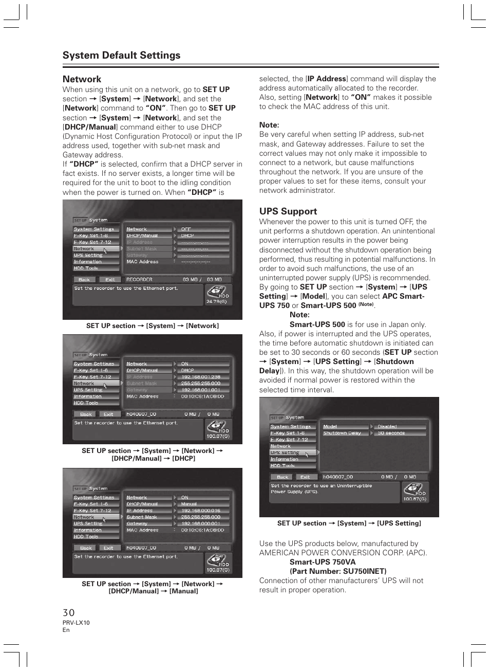 System default settings, Network, Ups support | Pioneer PRV-LX10 User Manual | Page 30 / 104
