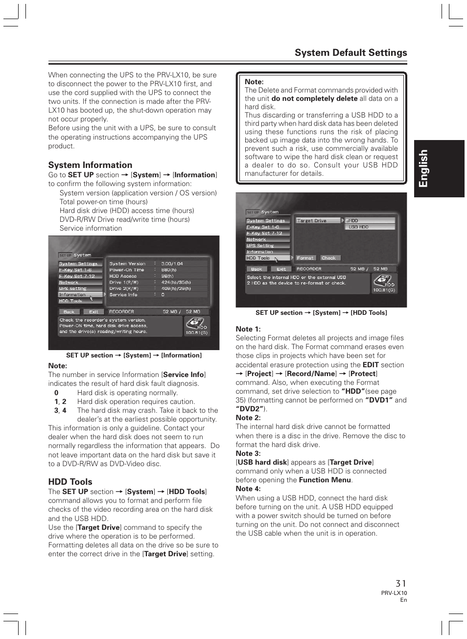 English, System default settings | Pioneer PRV-LX10 User Manual | Page 31 / 104