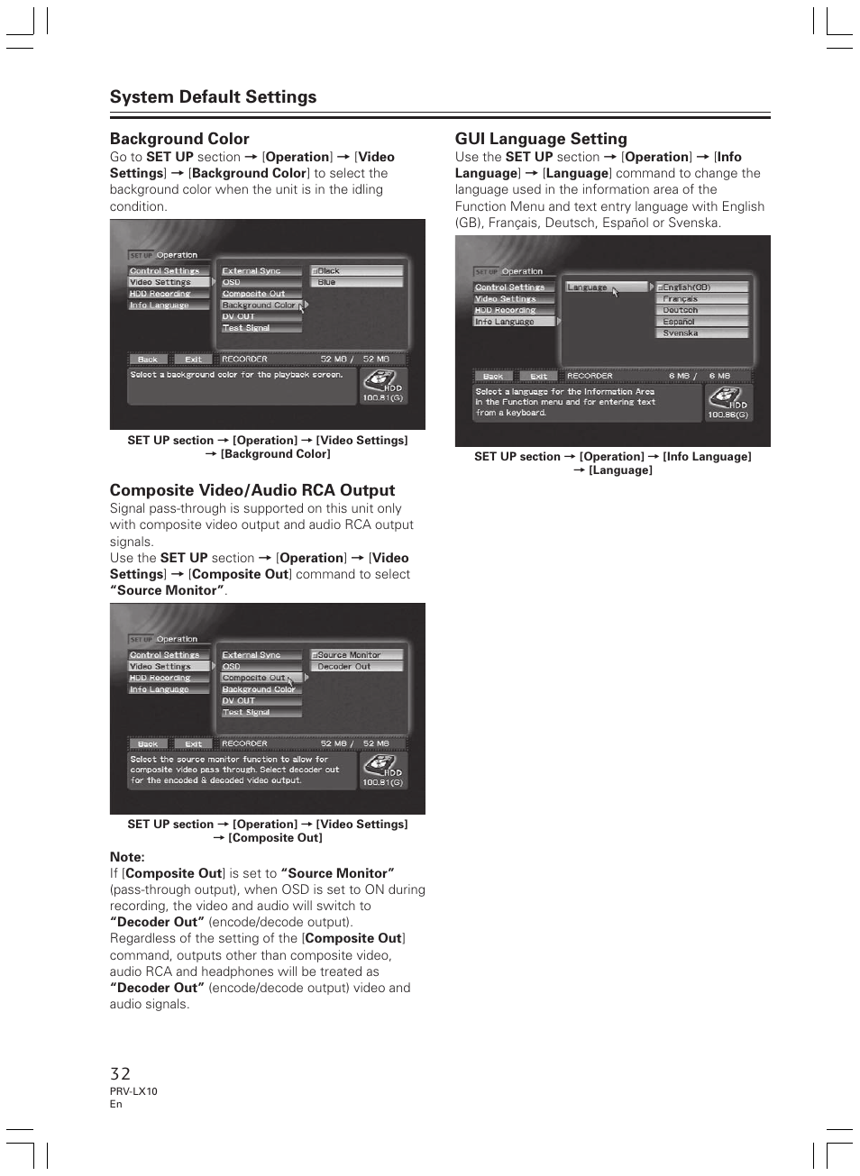 System default settings, Background color, Composite video/audio rca output | Gui language setting | Pioneer PRV-LX10 User Manual | Page 32 / 104
