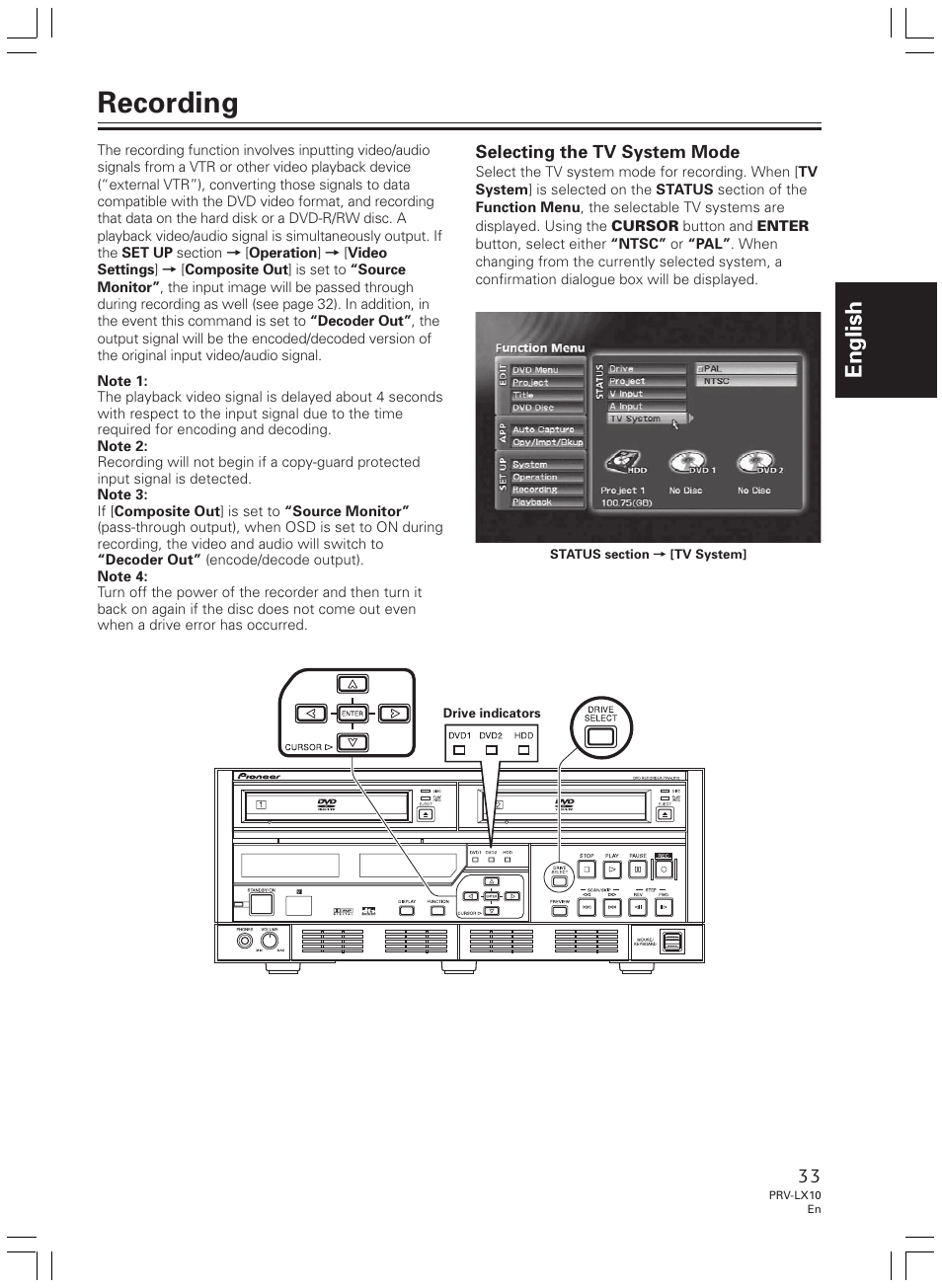 Recording, English | Pioneer PRV-LX10 User Manual | Page 33 / 104