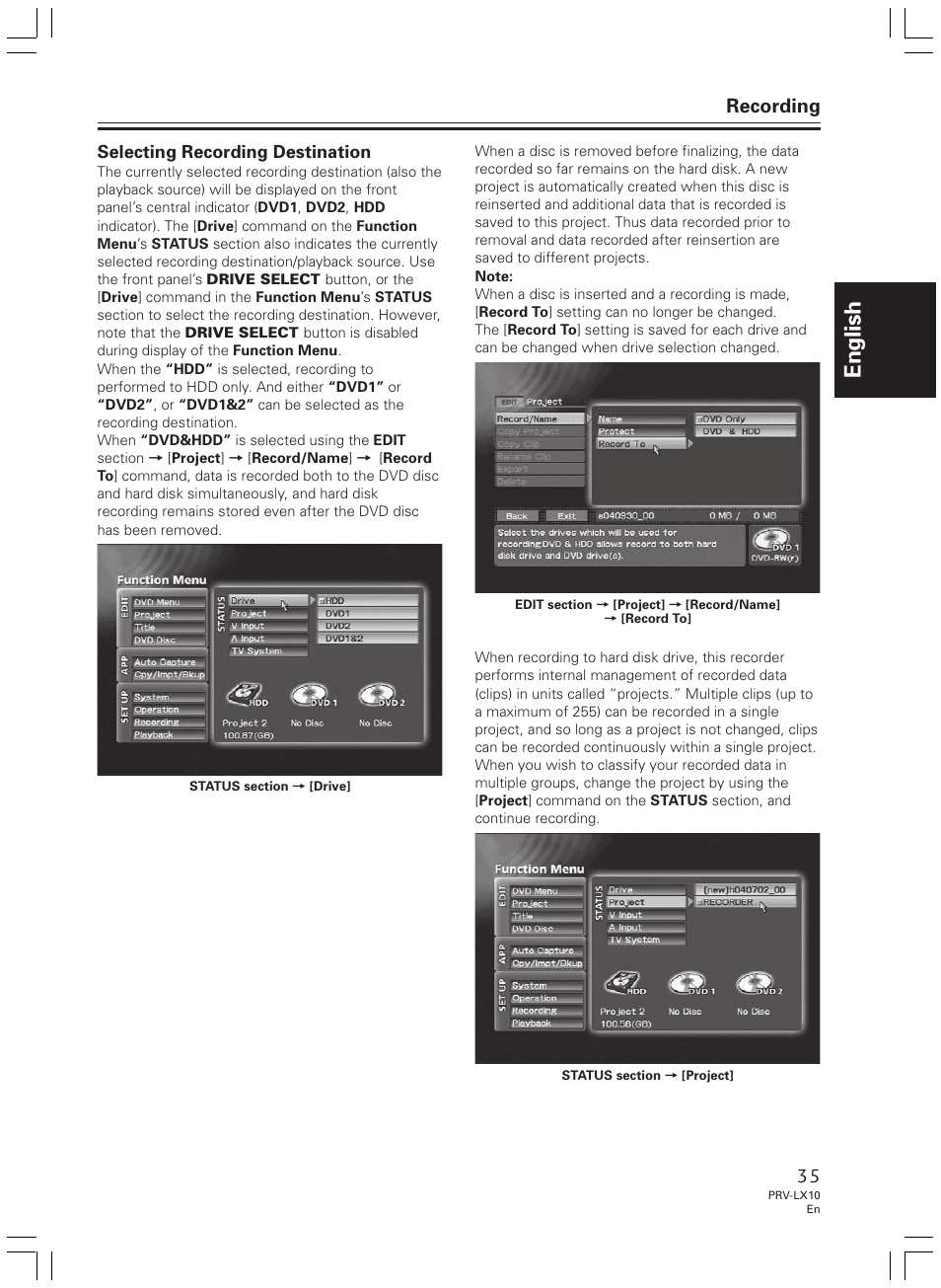English, Recording | Pioneer PRV-LX10 User Manual | Page 35 / 104