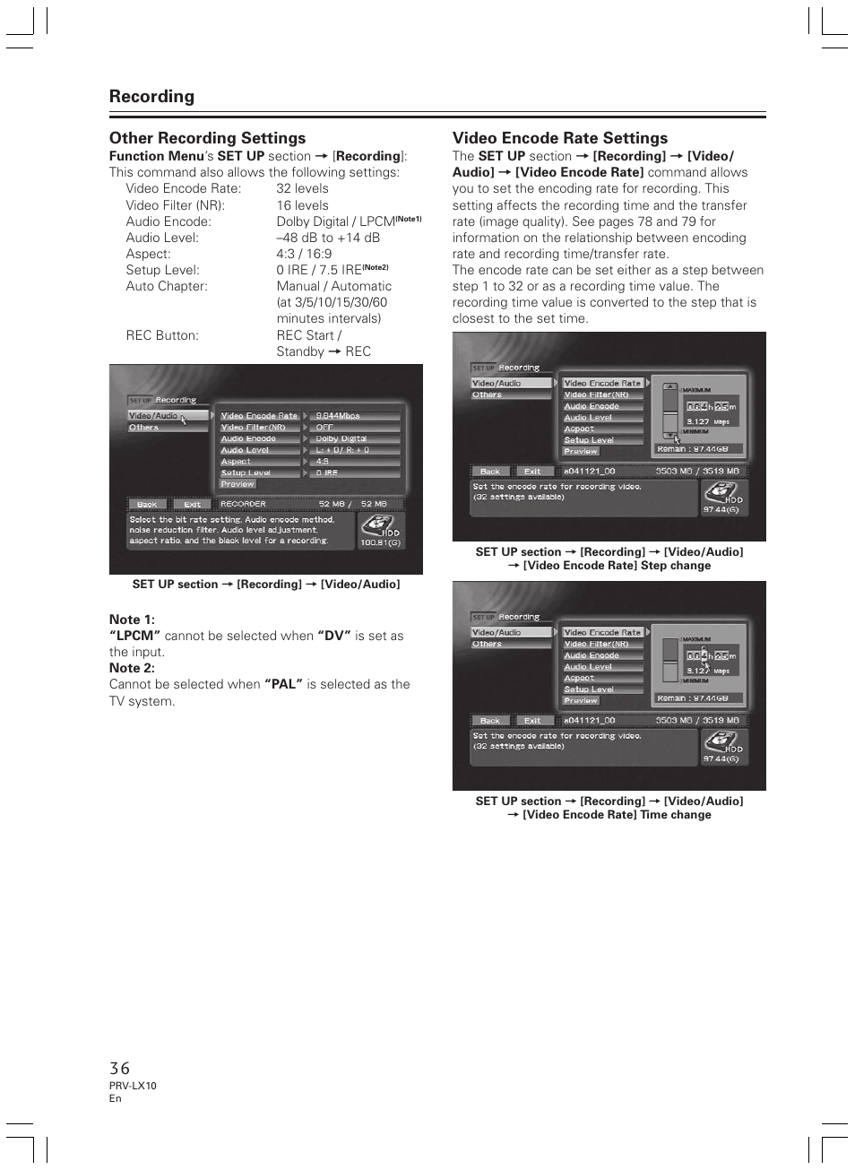 Recording, Other recording settings, Video encode rate settings | Pioneer PRV-LX10 User Manual | Page 36 / 104