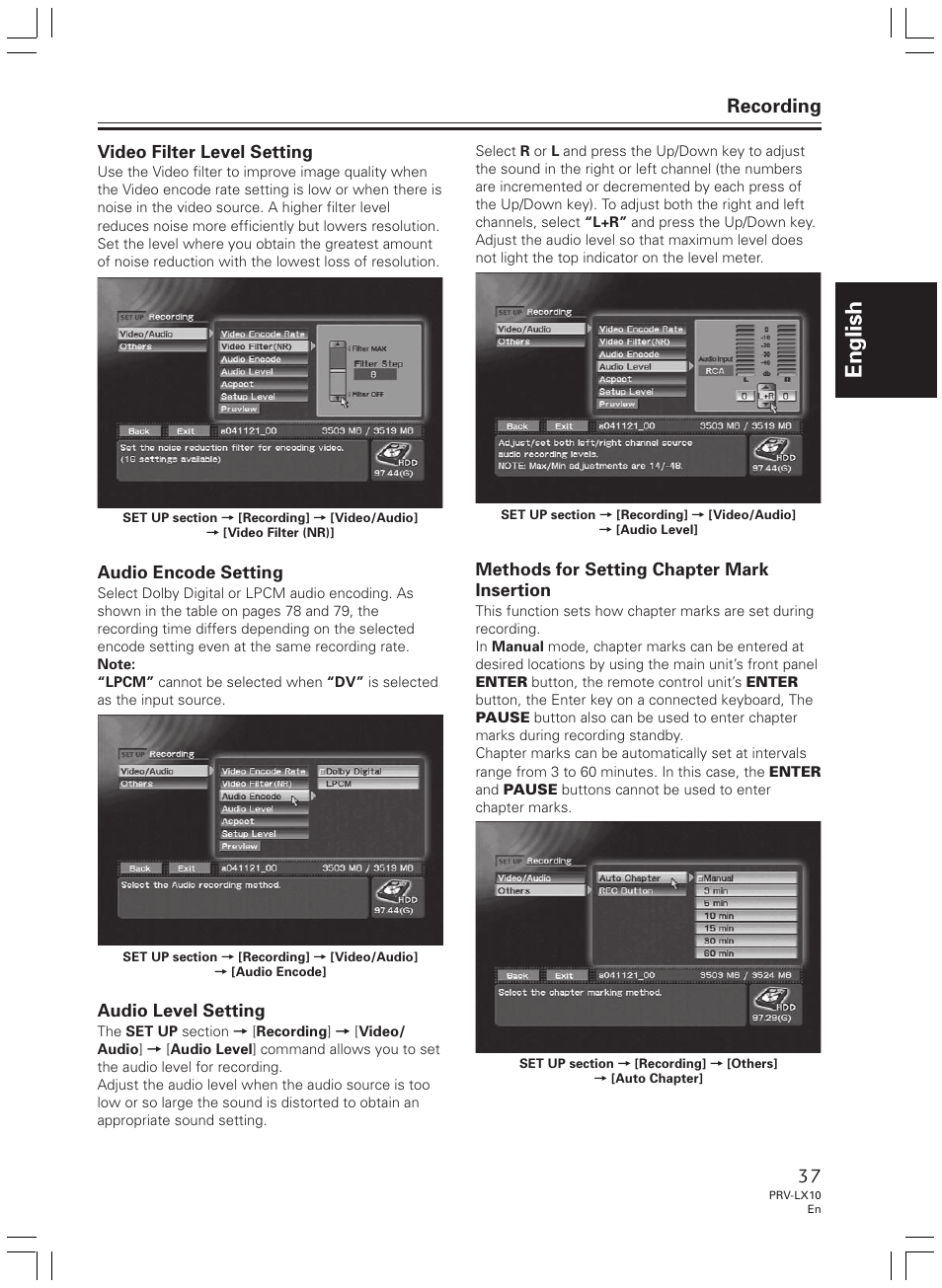 English, Recording, Video filter level setting | Audio encode setting, Audio level setting, Methods for setting chapter mark insertion | Pioneer PRV-LX10 User Manual | Page 37 / 104