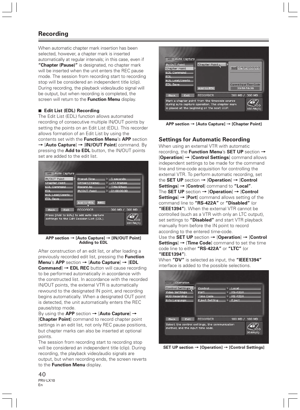 Recording, Settings for automatic recording | Pioneer PRV-LX10 User Manual | Page 40 / 104