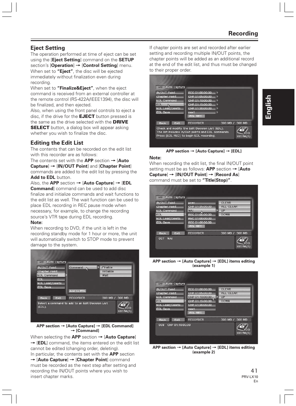 English, Recording, Editing the edit list | Eject setting | Pioneer PRV-LX10 User Manual | Page 41 / 104