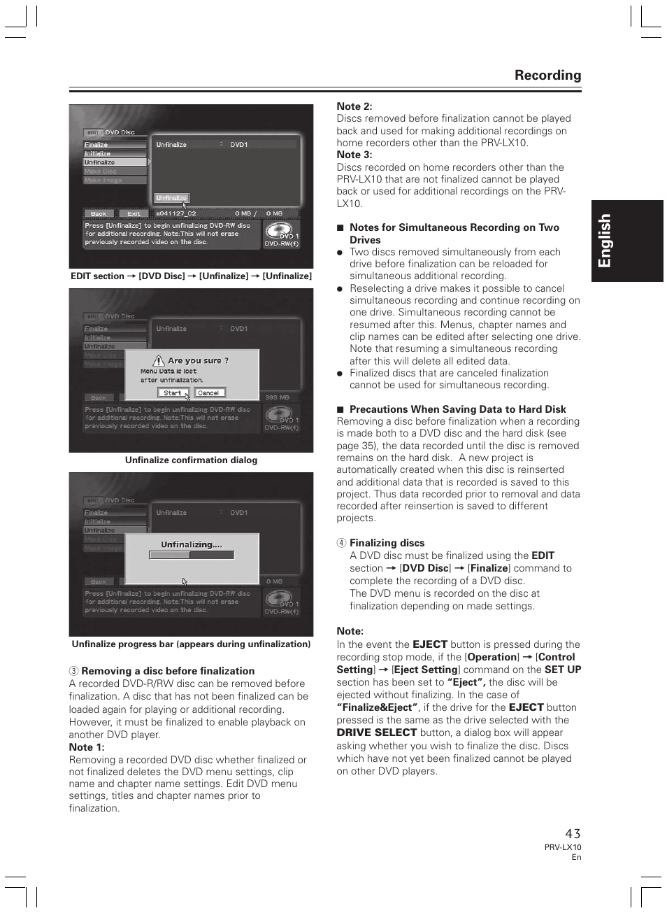 English, Recording | Pioneer PRV-LX10 User Manual | Page 43 / 104