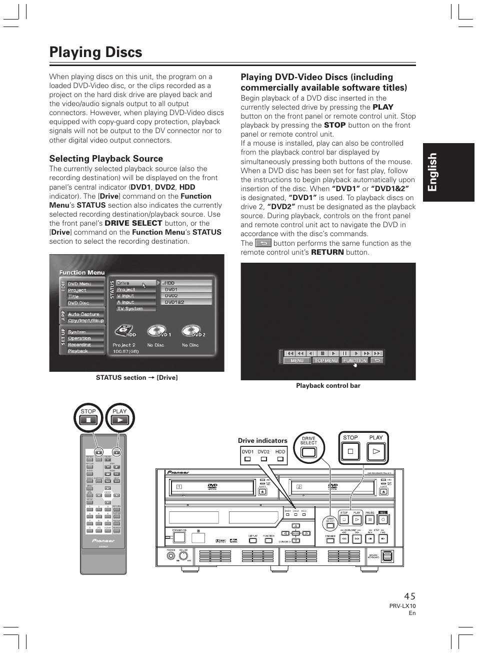 Playing discs, English, Selecting playback source | Drive indicators, Playback control bar, Prv-lx10 en, Play stop | Pioneer PRV-LX10 User Manual | Page 45 / 104
