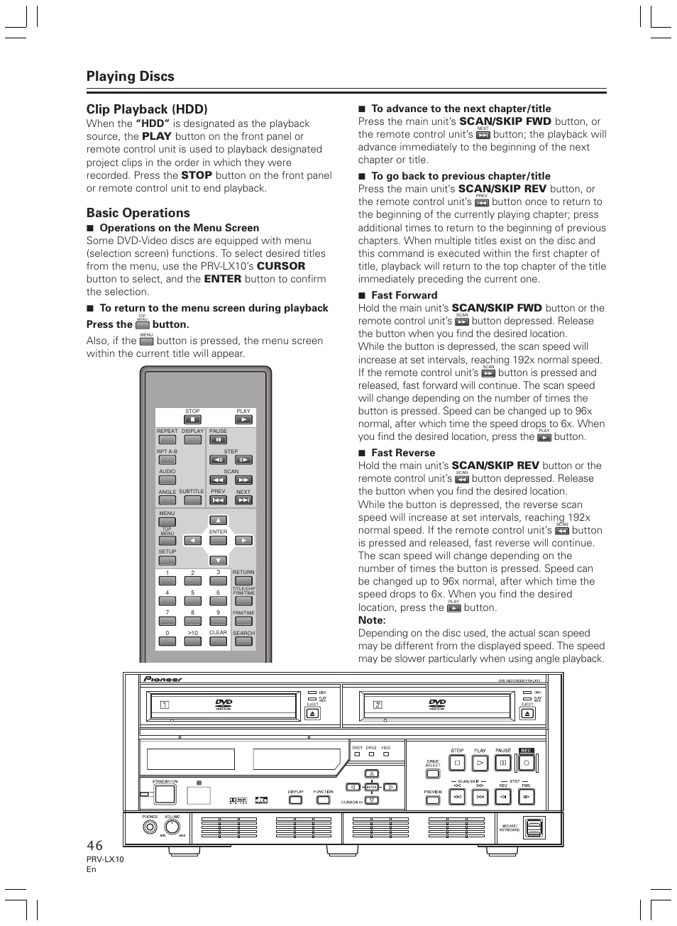 Playing discs, Clip playback (hdd), Basic operations | Button. also, if the | Pioneer PRV-LX10 User Manual | Page 46 / 104