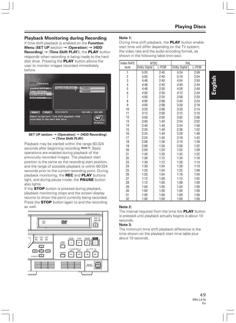 English, Playing discs, Playback monitoring during recording | Pioneer PRV-LX10 User Manual | Page 49 / 104