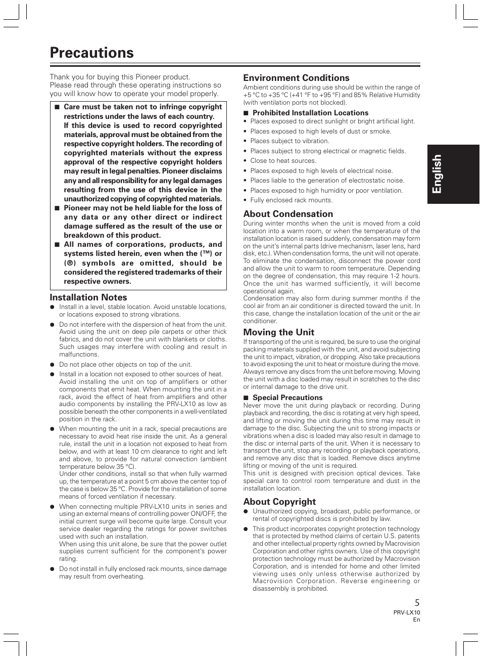 Precautions, English, Environment conditions | About condensation, Moving the unit, About copyright | Pioneer PRV-LX10 User Manual | Page 5 / 104