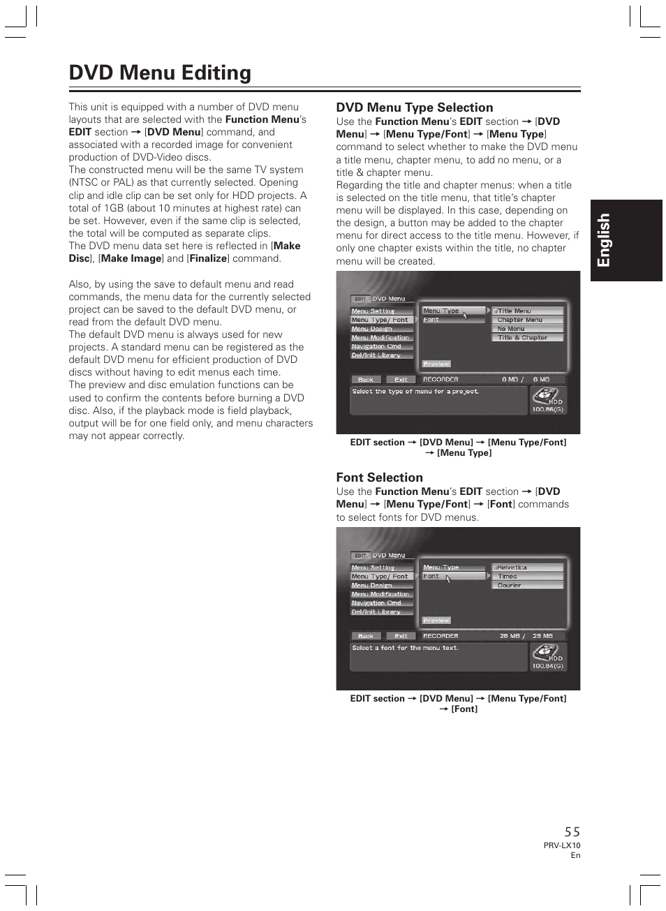 Dvd menu editing, English | Pioneer PRV-LX10 User Manual | Page 55 / 104