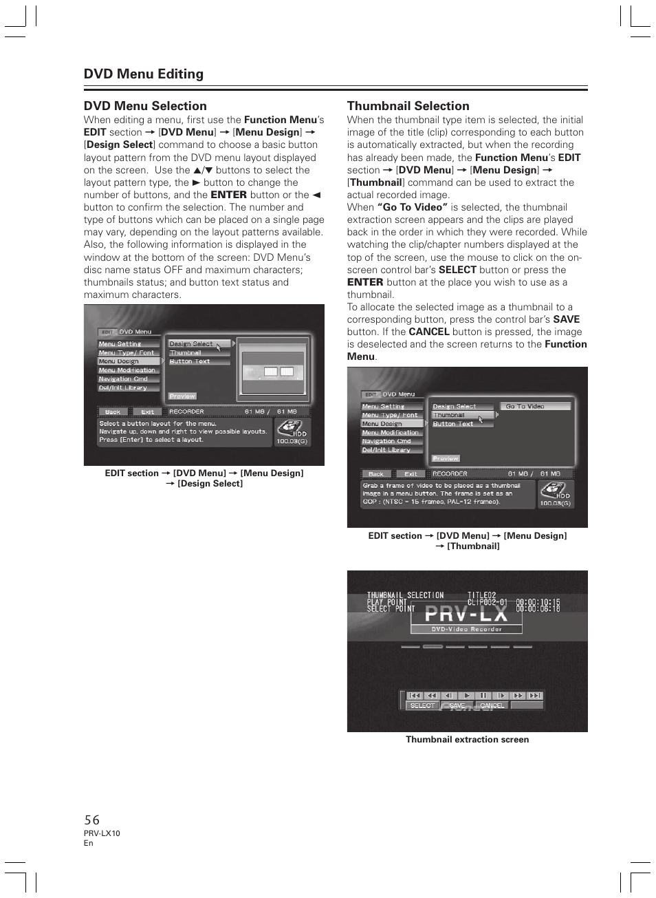 Dvd menu editing, Dvd menu selection, Thumbnail selection | Pioneer PRV-LX10 User Manual | Page 56 / 104