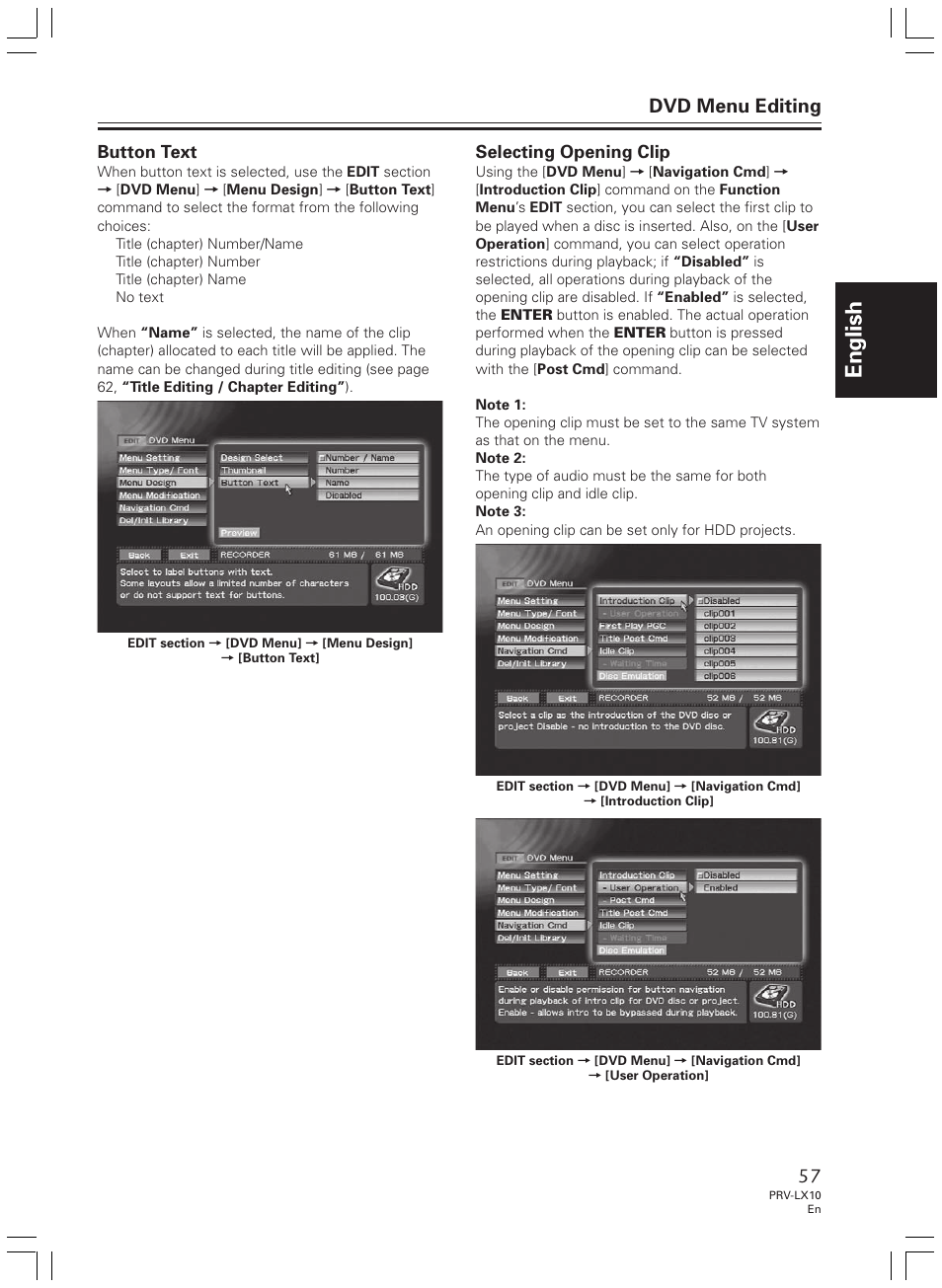 English, Dvd menu editing, Button text | Selecting opening clip | Pioneer PRV-LX10 User Manual | Page 57 / 104