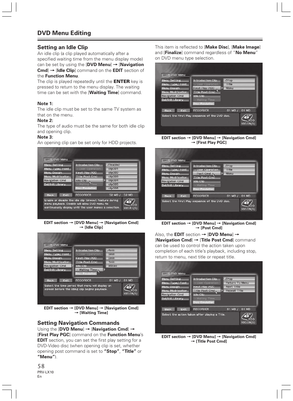 Dvd menu editing, Setting an idle clip, Setting navigation commands | Pioneer PRV-LX10 User Manual | Page 58 / 104