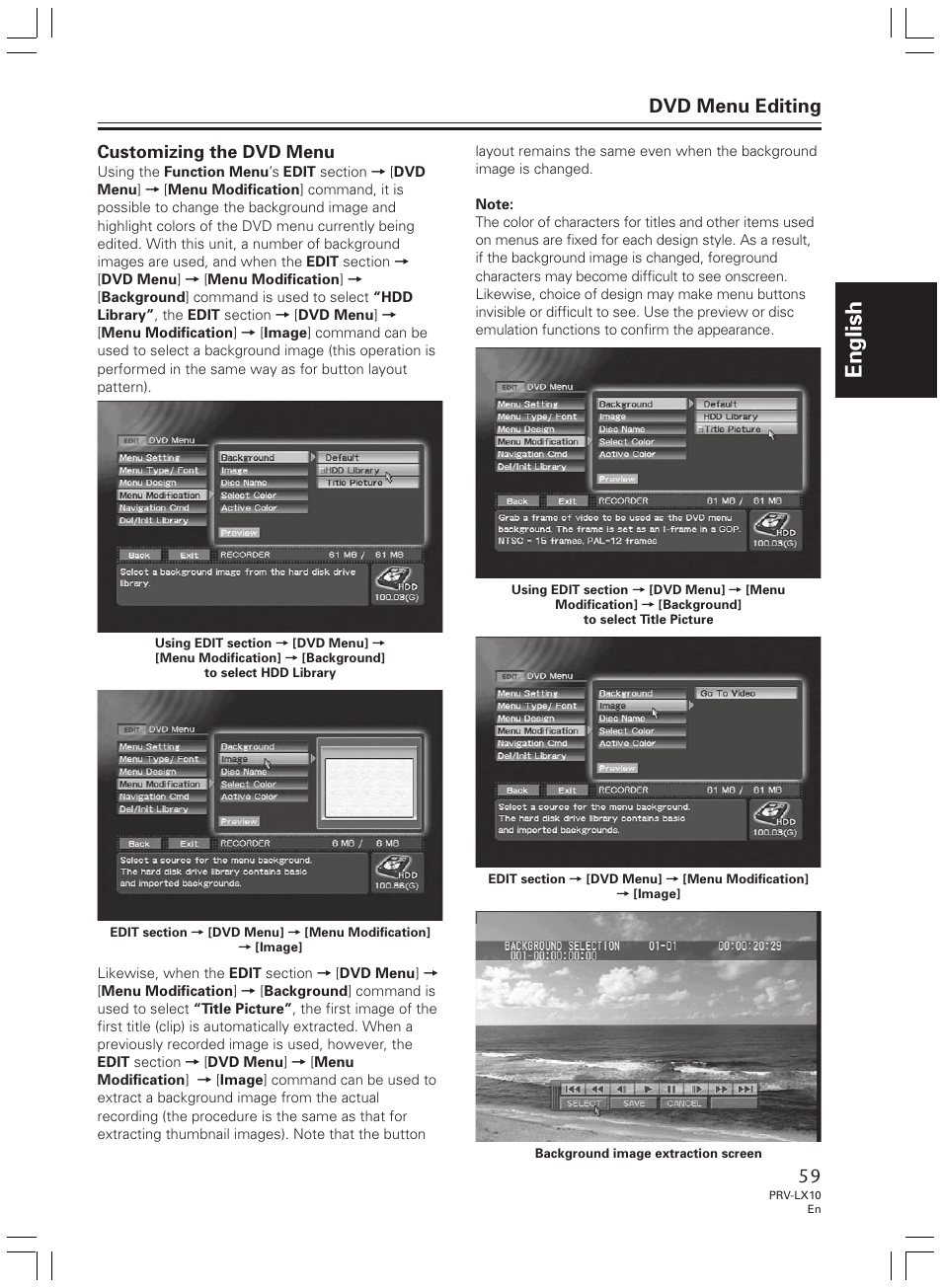 English, Dvd menu editing, Customizing the dvd menu | Pioneer PRV-LX10 User Manual | Page 59 / 104