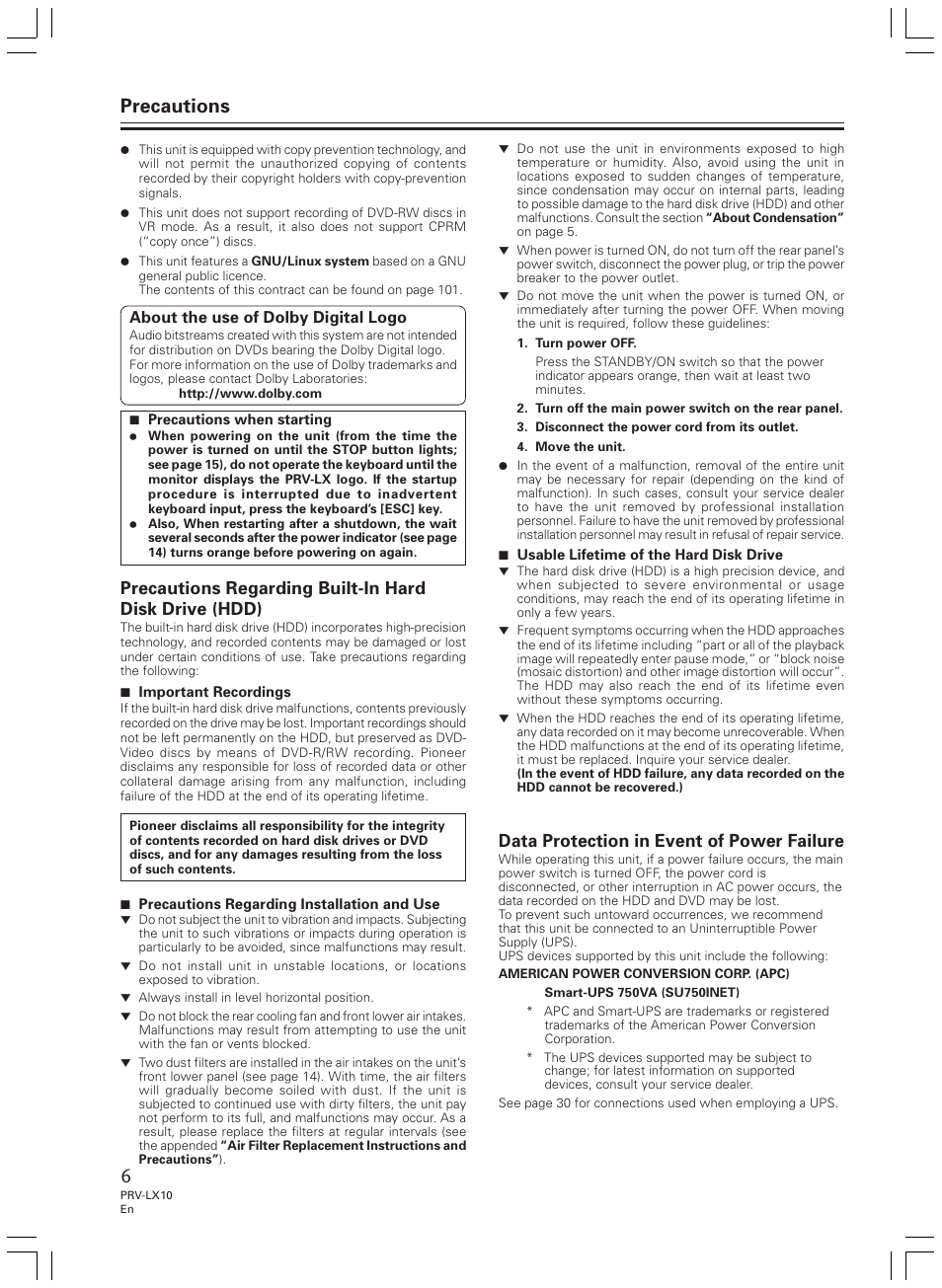 Precautions, Data protection in event of power failure | Pioneer PRV-LX10 User Manual | Page 6 / 104