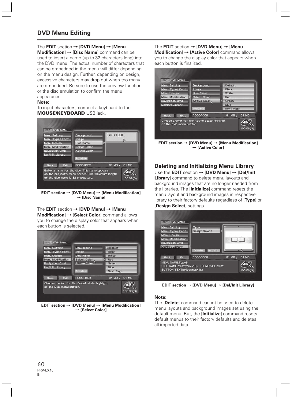 Dvd menu editing, Deleting and initializing menu library | Pioneer PRV-LX10 User Manual | Page 60 / 104