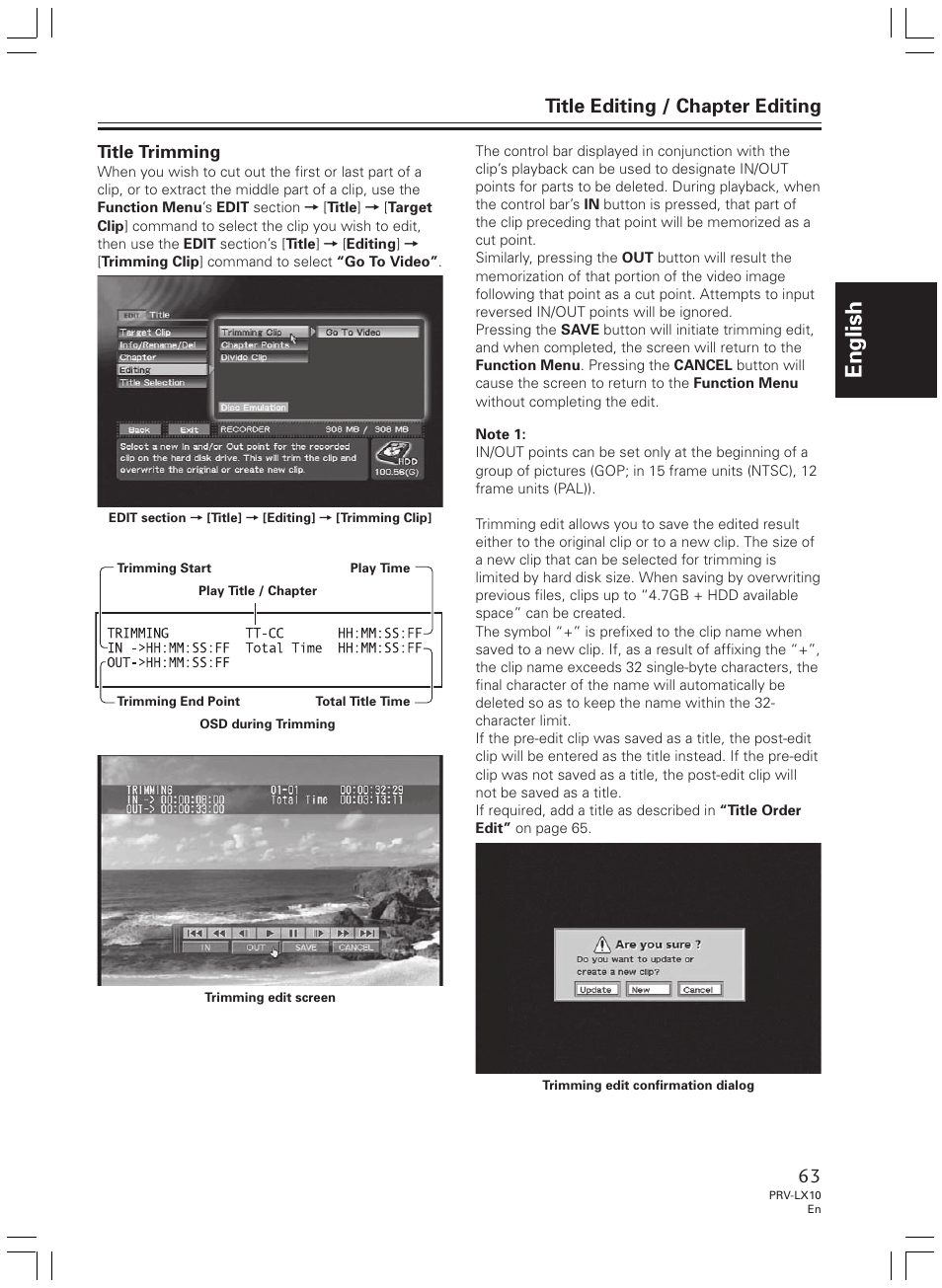 English, Title editing / chapter editing, Title trimming | Pioneer PRV-LX10 User Manual | Page 63 / 104