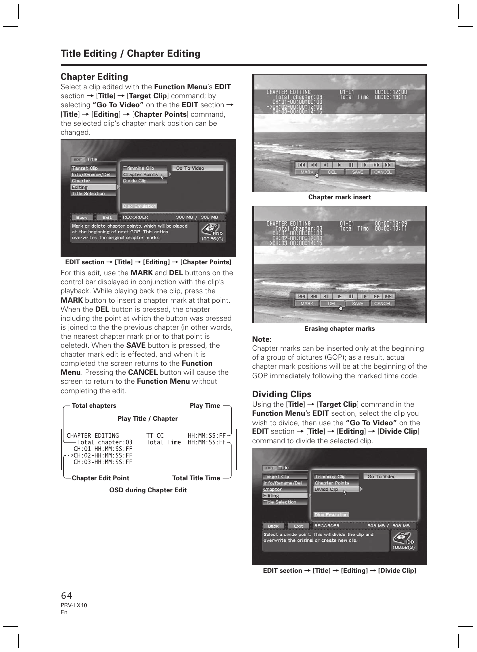 Title editing / chapter editing, Chapter editing, Dividing clips | Pioneer PRV-LX10 User Manual | Page 64 / 104