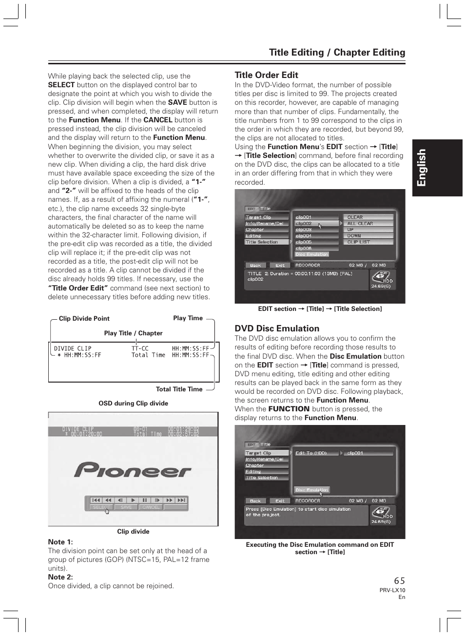 English, Title editing / chapter editing, Title order edit | Dvd disc emulation | Pioneer PRV-LX10 User Manual | Page 65 / 104