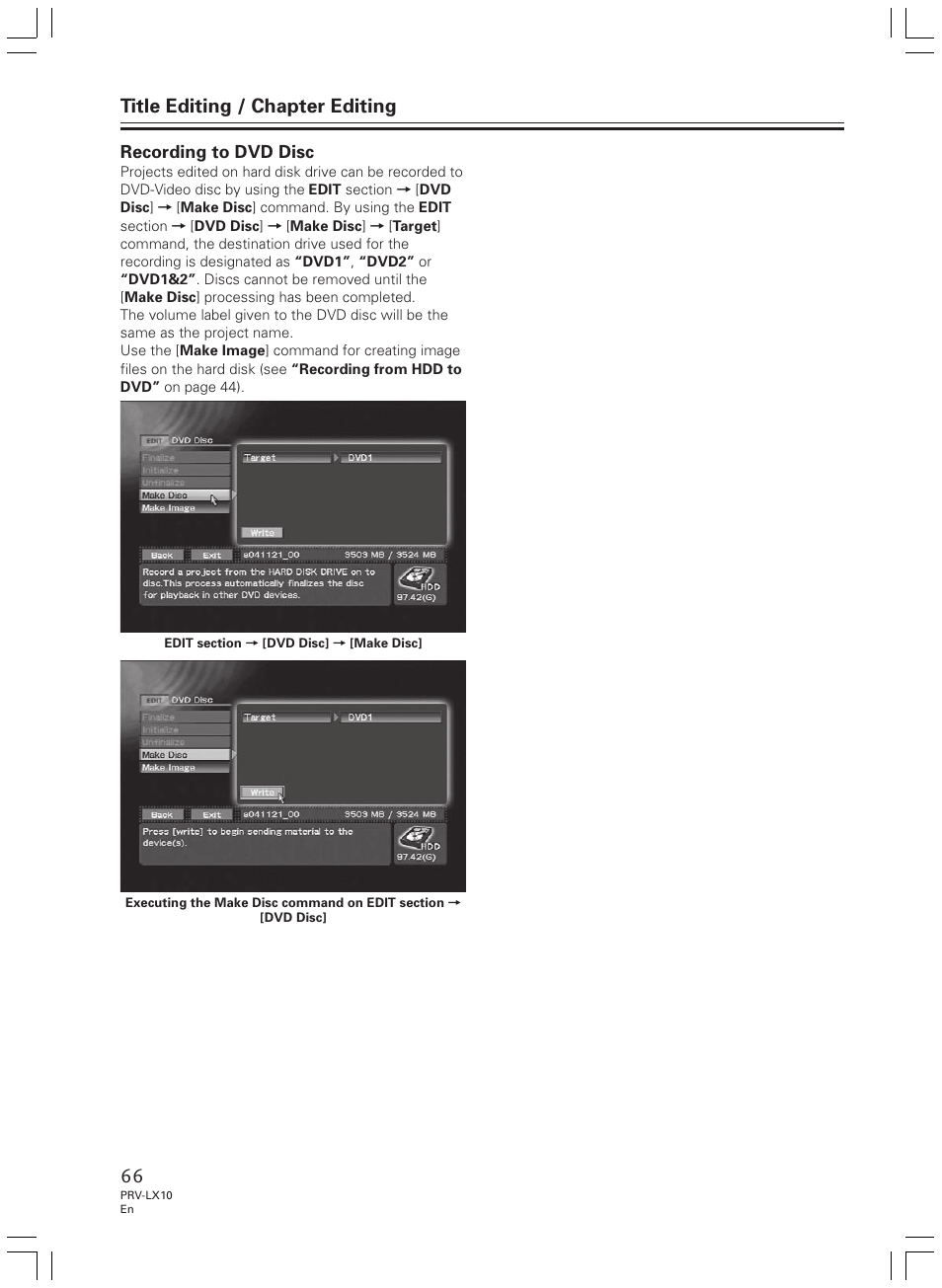 Title editing / chapter editing, Recording to dvd disc | Pioneer PRV-LX10 User Manual | Page 66 / 104