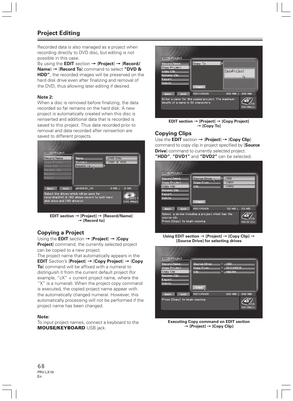 Project editing, Copying a project, Copying clips | Pioneer PRV-LX10 User Manual | Page 68 / 104