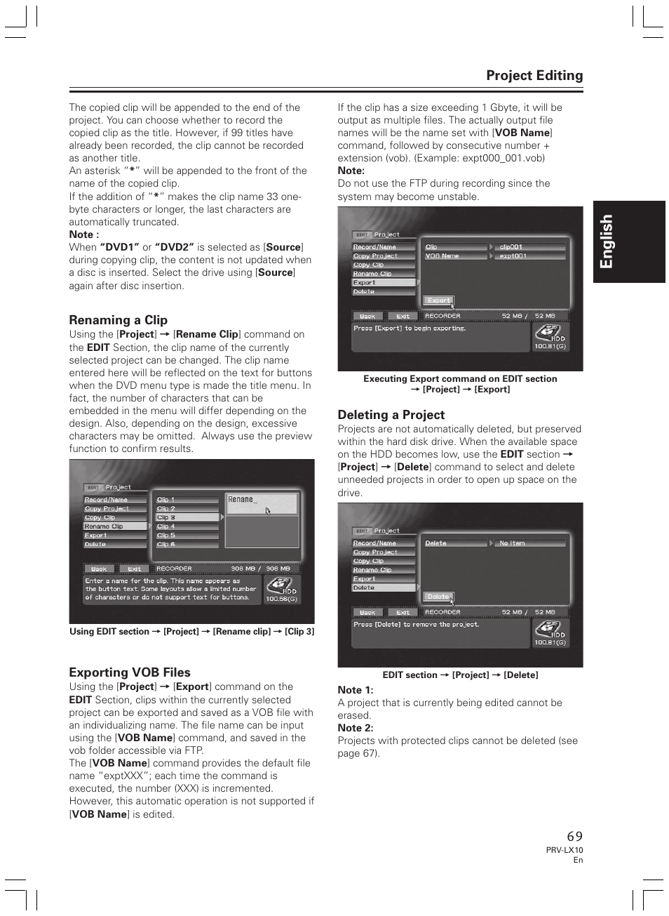 English, Project editing | Pioneer PRV-LX10 User Manual | Page 69 / 104