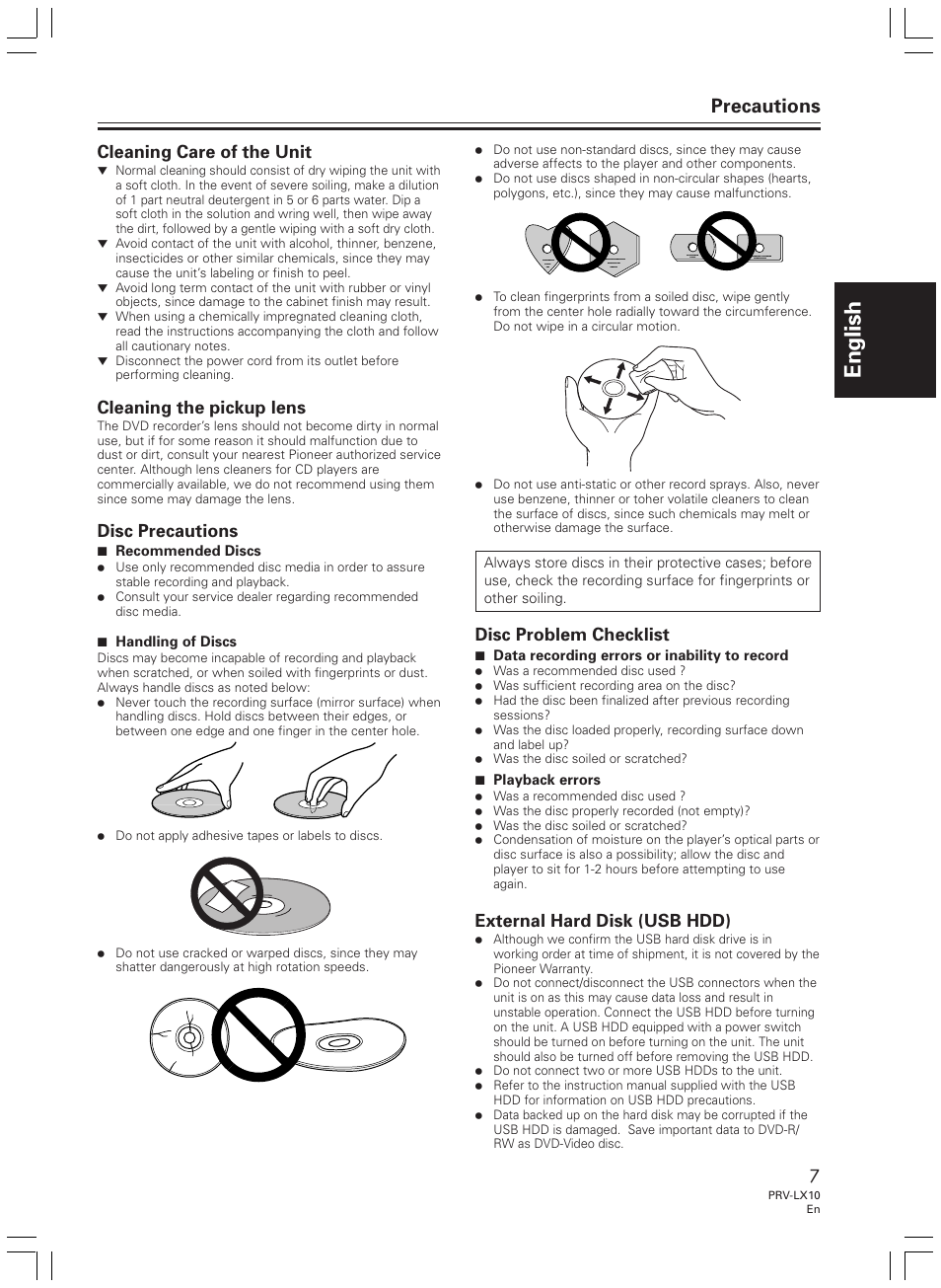 English, Precautions, Cleaning care of the unit | Cleaning the pickup lens, Disc precautions, Disc problem checklist, External hard disk (usb hdd) | Pioneer PRV-LX10 User Manual | Page 7 / 104