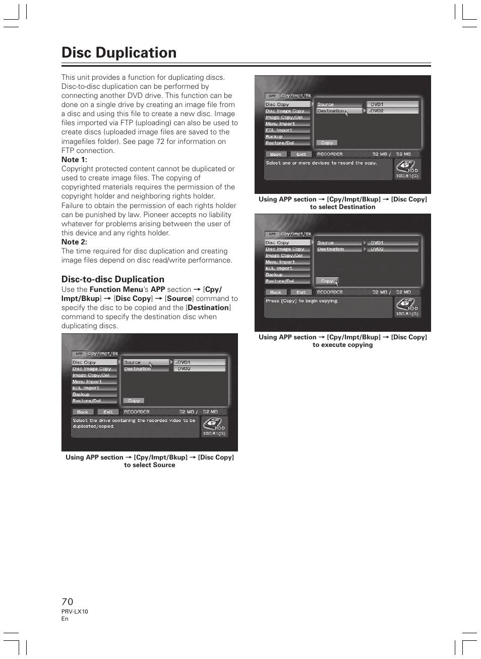 Disc duplication | Pioneer PRV-LX10 User Manual | Page 70 / 104