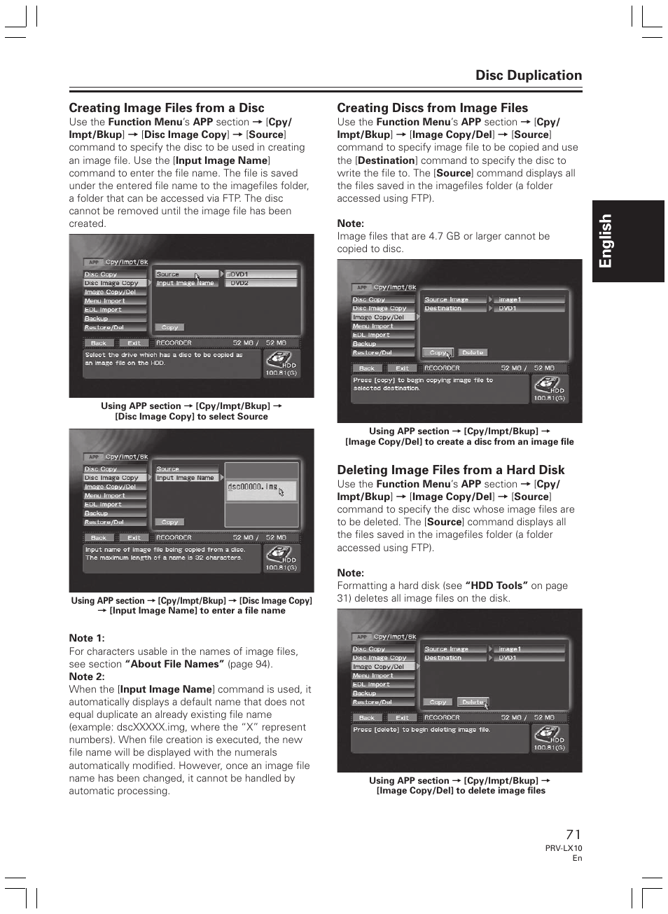 English, Disc duplication, Creating image files from a disc | Creating discs from image files, Deleting image files from a hard disk | Pioneer PRV-LX10 User Manual | Page 71 / 104