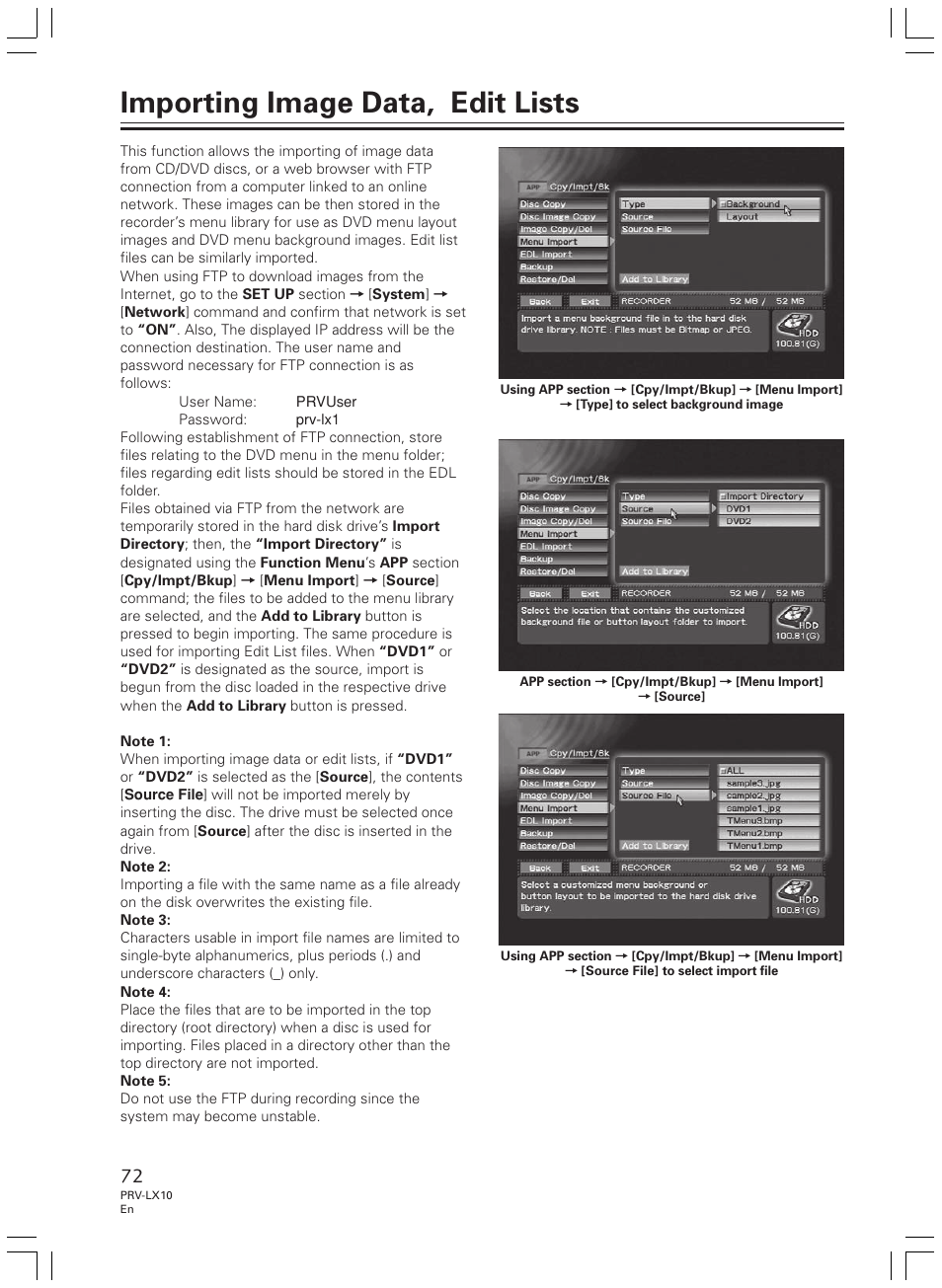 Importing image data, edit lists | Pioneer PRV-LX10 User Manual | Page 72 / 104