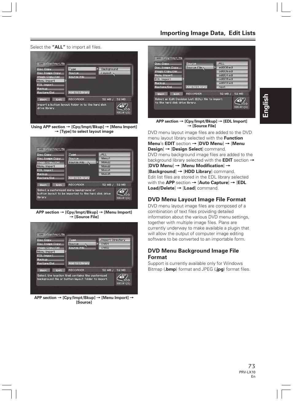English, Importing image data, edit lists, Dvd menu layout image file format | Dvd menu background image file format | Pioneer PRV-LX10 User Manual | Page 73 / 104
