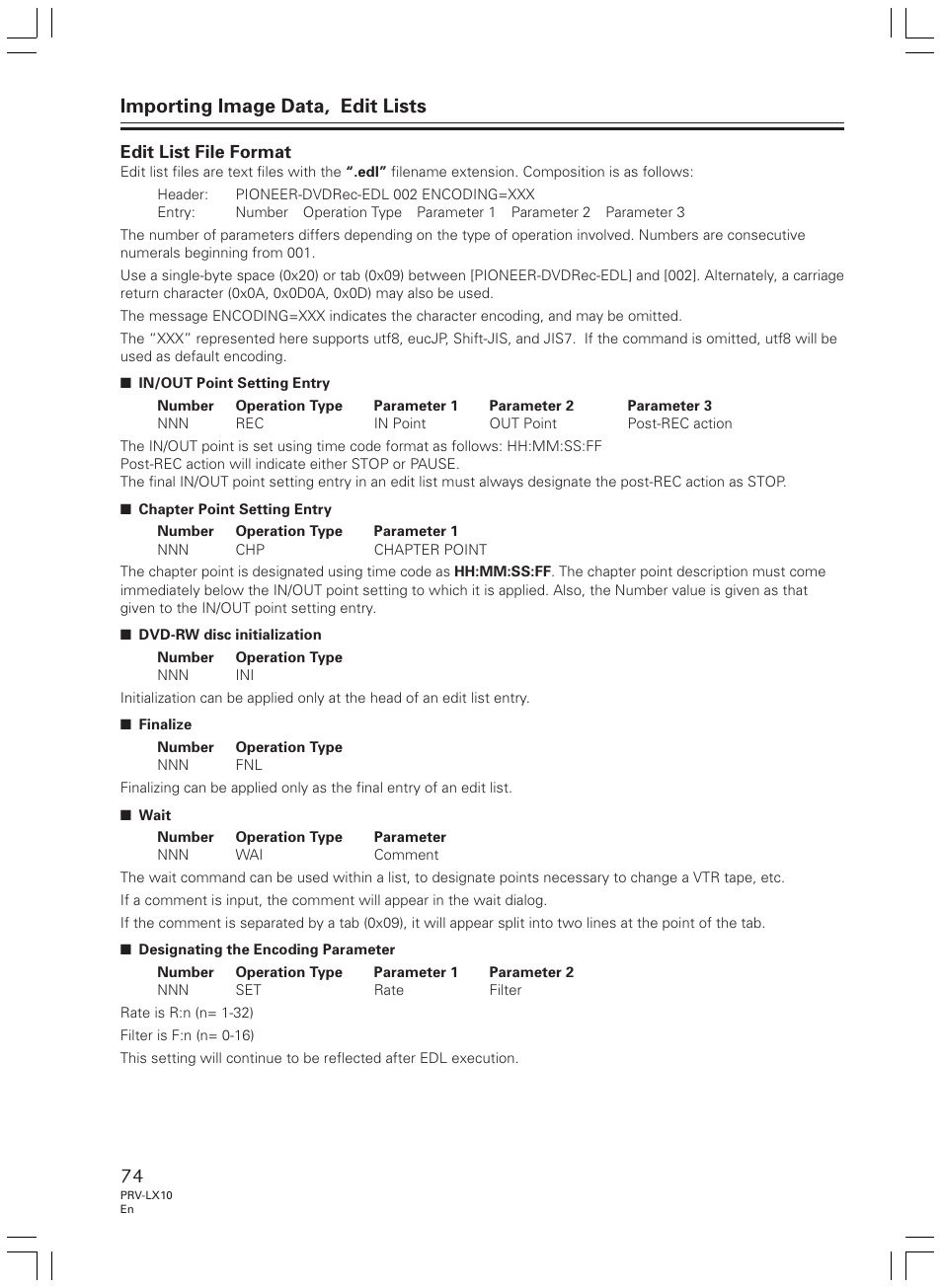 Importing image data, edit lists, Edit list file format | Pioneer PRV-LX10 User Manual | Page 74 / 104