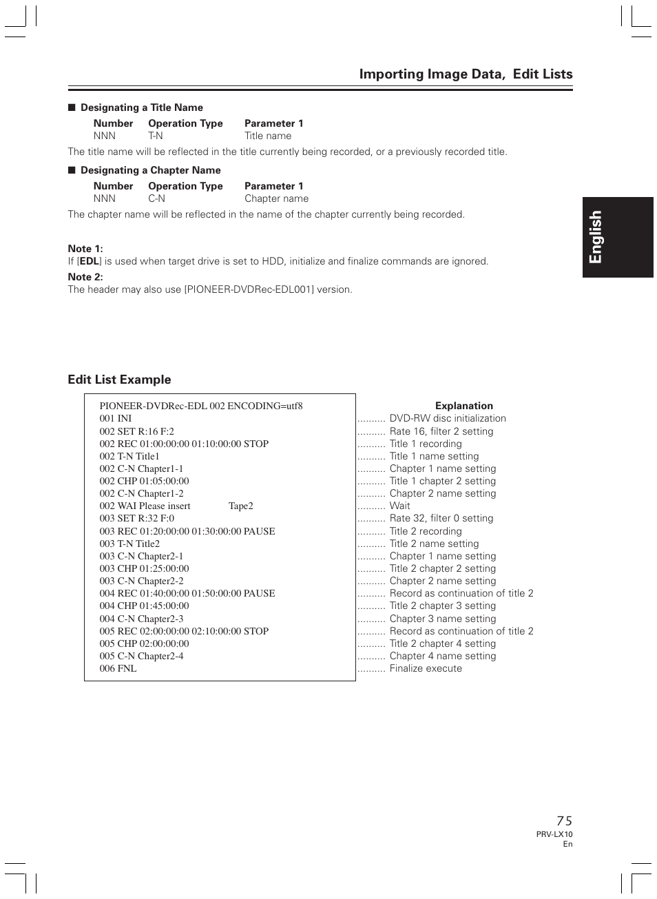 English, Importing image data, edit lists, Edit list example | Pioneer PRV-LX10 User Manual | Page 75 / 104