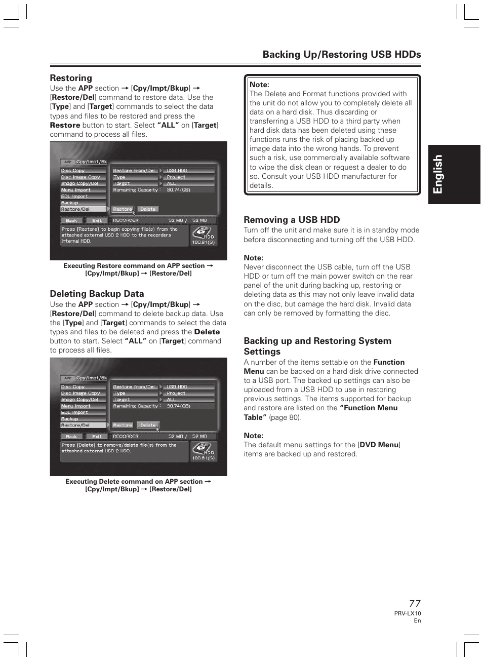 English, Backing up/restoring usb hdds | Pioneer PRV-LX10 User Manual | Page 77 / 104