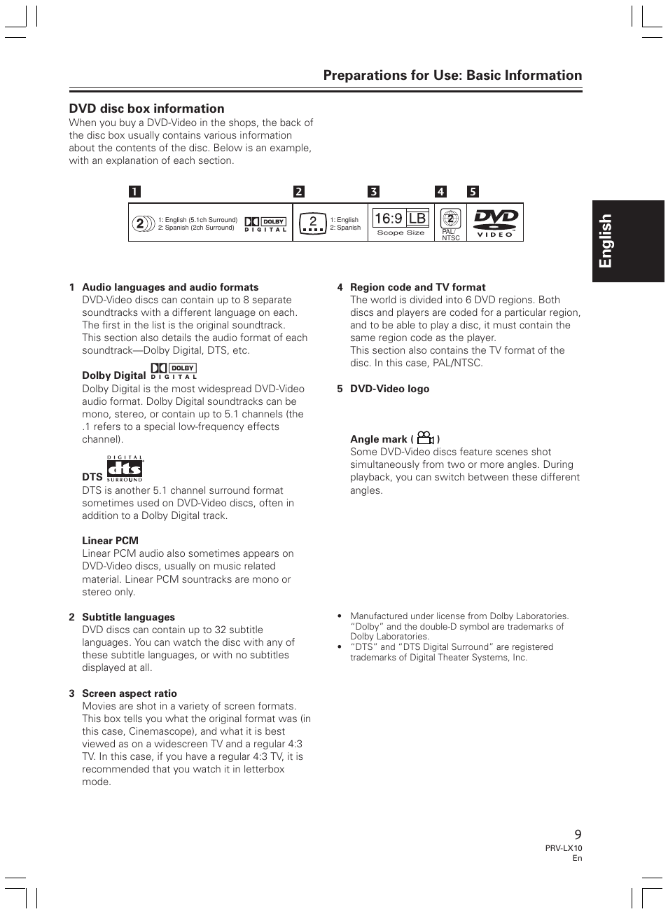 English, Preparations for use: basic information, Dvd disc box information | Pioneer PRV-LX10 User Manual | Page 9 / 104